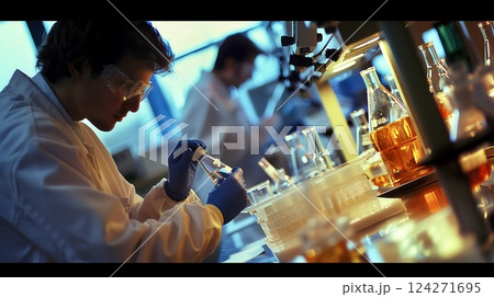Laboratory researchers conducting experiments on chemical solutions during a late evening session in a modern biotech facility 124271695