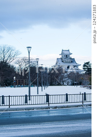雪の日の朝の豊公園と天守閣 124271883