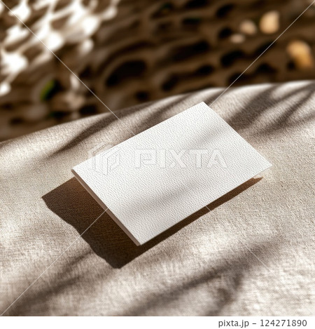 A professional business card mockup on textured paper with a neutral background. High-detail and elegant, perfect for showcasing branding and design projects. 124271890