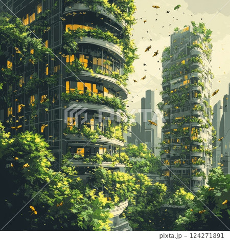 Futuristic illustration of urban buildings with plants growing on walls and rooftops, buzzing insects enhancing the lush, eco-friendly scene. Showcases innovative, sustainable city design. 124271891