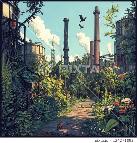 Revitalized industrial area illustration filled with greenery, birds, and small wildlife. Bright tones create a peaceful atmosphere, showcasing urban ecological restoration. 124271892