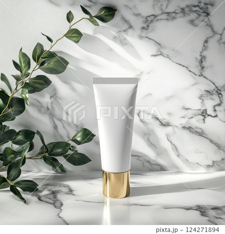 A photo of a body cream tube mockup on smooth marble. The high detail, soft shadows, and bright clean atmosphere create an elegant and modern aesthetic, perfect for skincare product presentation. 124271894