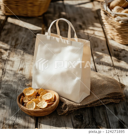 A photography mockup of an empty clean bag with snacks resting on a rustic wooden surface. The high-detail image features bold colors and soft natural lighting, creating a cozy 124271895