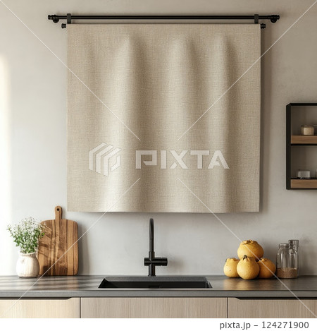 Plain fabric splashback mockup hanging on a kitchen crossbar with bright natural light, creating a warm and welcoming kitchen aesthetic 124271900