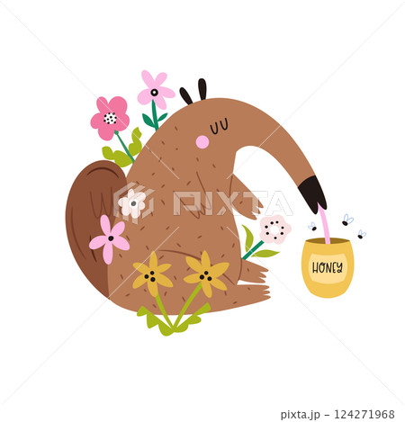 Vector illustration of cute anteater with blooming flowers in a childish flat style. Vector illustration of cute anteater with blooming flowers in a childish flat style. 124271968