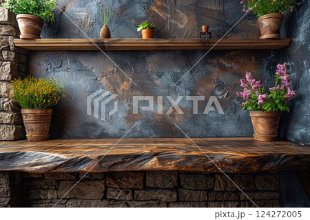 A composition featuring a weathered wooden shelf adorned with potted plants, set against a textured, dark plaster wall. The scene is grounded by a rough-hewn wooden countertop and a base of stacked st 124272005