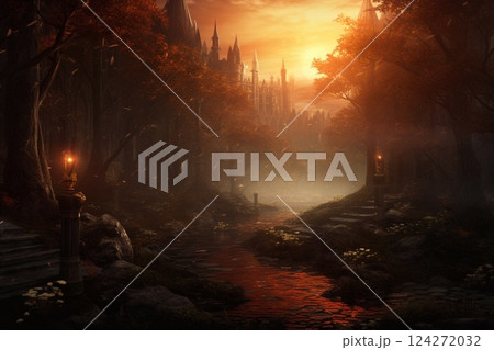 Fantasy landscape with castle in a foggy forest. 3d rendering. Generative AI 124272032