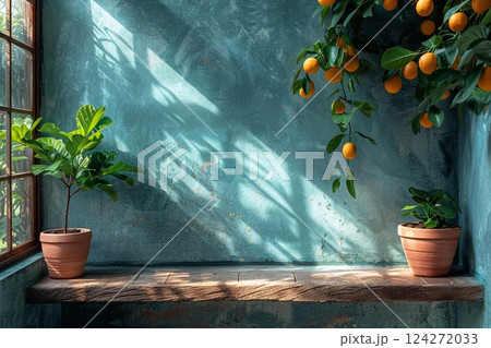 Sunlit corner: wooden shelf, potted plants, and citrus fruits against a textured teal wall. Generative AI 124272033