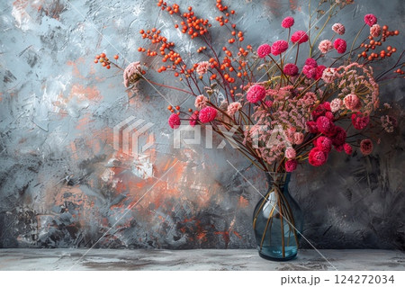 A still life composition captures a bouquet of pink and coral flowers arranged in a transparent blue vase, set against a backdrop of a textured gray wall with subtle hints of orange hues, creating a h 124272034