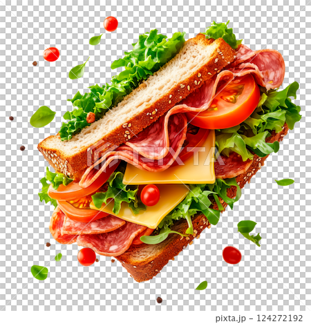 Delicious sandwich with layers of salami, cheese, lettuce, and tomato isolated on a transparent background. Fresh ingredients such as greens, nuts, and spices are flying around. 124272192