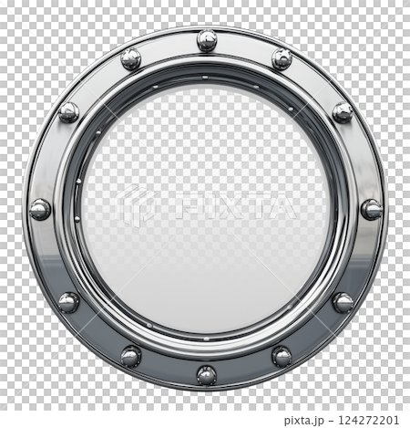 Round metal porthole window isolated on a transparent background. Nautical ship porthole with a reflective glass surface and metallic rivets 124272201