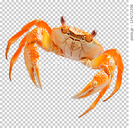Vibrant orange crab isolated on a transparent background. Close-up of a marine crustacean with raised claws 124272206