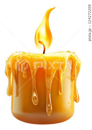 Burning golden wax candle with melting drips, isolated on a transparent background. Close-up of a warm glowing flame and soft flowing wax Burning golden wax candle with melting drips, isolated on a transparent background. Close-up of a warm glowing flame and soft flowing wax 124272209