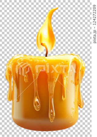 Burning golden wax candle with melting drips, isolated on a transparent background. Close-up of a warm glowing flame and soft flowing wax Burning golden wax candle with melting drips, isolated on a transparent background. Close-up of a warm glowing flame and soft flowing wax 124272209