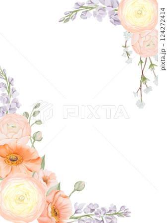Spring Flowers vertical square Frame, Border from Ranunculus and Iceland Poppies Flowers, Freesia, Peach or Cherry and Snow Willow Branches. Watercolor hand painted card template. Spring Flowers vertical square Frame, Border from Ranunculus and Iceland Poppies Flowers, Freesia, Peach or Cherry and Snow Willow Branches. Watercolor hand painted card template. 124272414