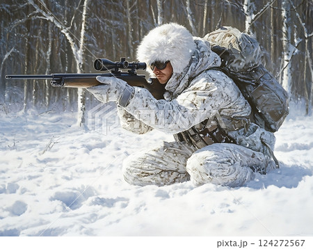Camouflaged sniper in snowy forest aiming through scope in winter survival gear Camouflaged sniper in snowy forest aiming through scope in winter survival gear 124272567