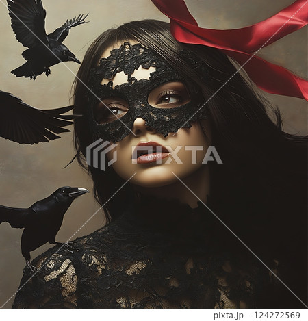Mysterious woman in black lace mask surrounded by ravens and red ribbon Mysterious woman in black lace mask surrounded by ravens and red ribbon 124272569