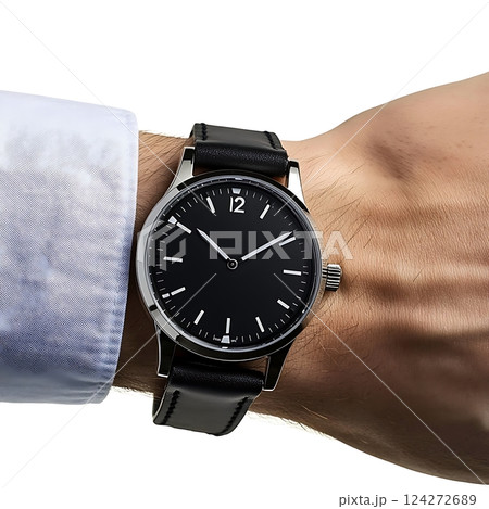 Classic black dial wristwatch on a man's wrist in formal attire Classic black dial wristwatch on a man's wrist in formal attire 124272689
