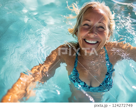 Happy senior woman swimming in clear blue pool water while smiling at the camera Happy senior woman swimming in clear blue pool water while smiling at the camera 124272749