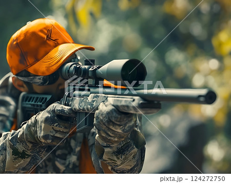 Sniper aiming through scope in forest setting with camouflage outfit and orange cap Sniper aiming through scope in forest setting with camouflage outfit and orange cap 124272750