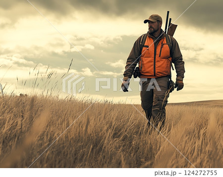 Hunter walking through grassy field with shotgun on a cloudy day in open landscape Hunter walking through grassy field with shotgun on a cloudy day in open landscape 124272755