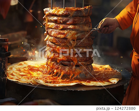 Delicious stacked shawarma meat roasting on vertical rotisserie, dripping with sauce 124272880