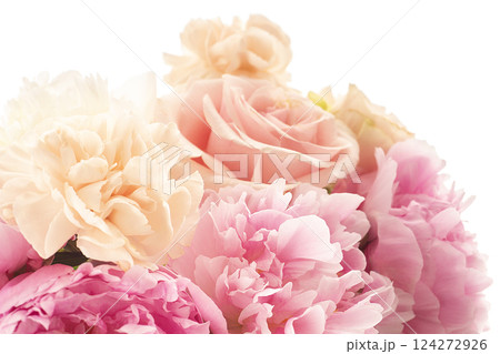 Light Bouquet with Nude Carnations, Pink Peonies, and Pink Roses 124272926