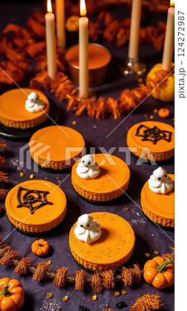 Festive Halloween dessert display with pumpkin treats and decorative elements 124272987