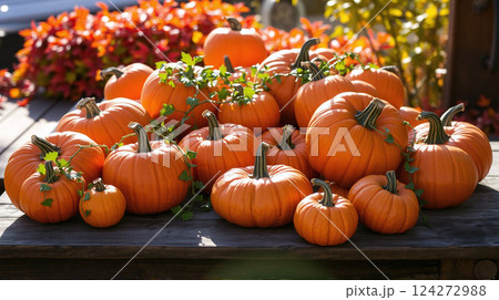 Autumn pumpkins displayed outdoors in sunlight with colorful foliage backdrop 124272988