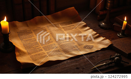 Ancient manuscript on aged paper illuminated by candlelight at dusk 124272995
