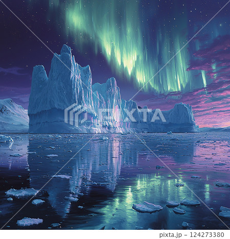 Majestic icebergs stand tall beneath the shimmering aurora borealis and a vibrant sunset sky. 124273380