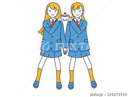 指でハートマークを作るポーズの女子学生 124273514
