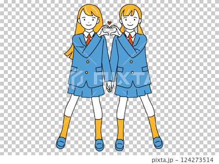 指でハートマークを作るポーズの女子学生 124273514