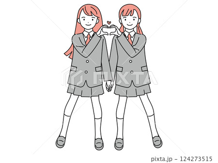 指でハートマークを作るポーズの女子学生 124273515