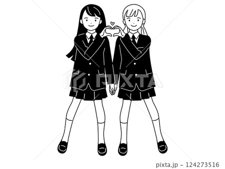 指でハートマークを作るポーズの女子学生 指でハートマークを作るポーズの女子学生 124273516