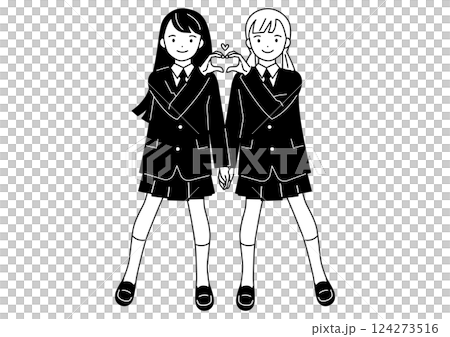 指でハートマークを作るポーズの女子学生 指でハートマークを作るポーズの女子学生 124273516