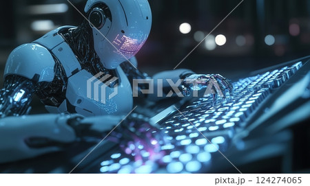 AI writing code represented by a robot 124274065