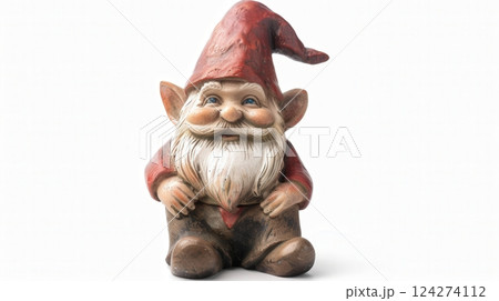Garden gnome figurine with red hat and beard surrounded by green plants 124274112