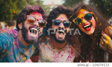Group Of Friends Celebrating Holi With Laughter 124274113