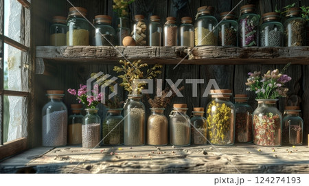 Modern Herbalists Workspace Apothecary Background Modern Herbalists Workspace Apothecary Background 124274193