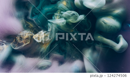 Paint cloud. Defocused stream. Gray blue violet pigment smoke mix floating substance. Color fluid fume flow abstract galaxy background. 124274506