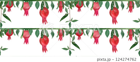 Textured pomegranates with branches and leaves watercolor border isolated on white. Hand drawn realistic fruits great for fall harvest cards, culinary designs, textile, banners decor. Autumn clip art Textured pomegranates with branches and leaves watercolor border isolated on white. Hand drawn realistic fruits great for fall harvest cards, culinary designs, textile, banners decor. Autumn clip art 124274762