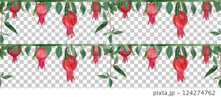 Textured pomegranates with branches and leaves watercolor border isolated on white. Hand drawn realistic fruits great for fall harvest cards, culinary designs, textile, banners decor. Autumn clip art 124274762