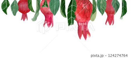 Textured pomegranates with green leaves watercolor border isolated on white. Hand drawn realistic bright fruits great for fall harvest cards, culinary designs, packaging, banner decor. Autumn clip art Textured pomegranates with green leaves watercolor border isolated on white. Hand drawn realistic bright fruits great for fall harvest cards, culinary designs, packaging, banner decor. Autumn clip art 124274764