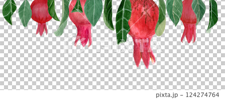 Textured pomegranates with green leaves watercolor border isolated on white. Hand drawn realistic bright fruits great for fall harvest cards, culinary designs, packaging, banner decor. Autumn clip art Textured pomegranates with green leaves watercolor border isolated on white. Hand drawn realistic bright fruits great for fall harvest cards, culinary designs, packaging, banner decor. Autumn clip art 124274764