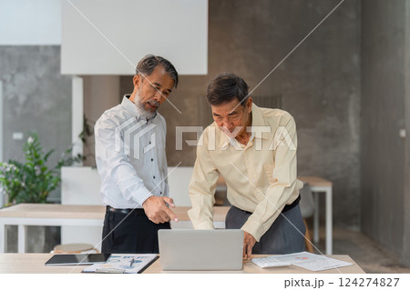 Business and Senior Engagement. A senior businessman receives guidance from a colleague while reviewing a laptop in a modern office. 124274827