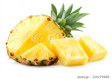 Fresh Pineapple Slice and Whole Fruit Isolated on Clean White Background for Culinary Use 124274989