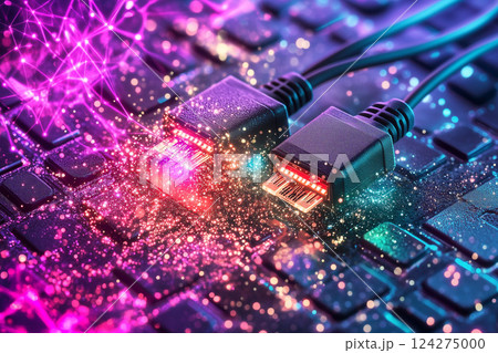 Futuristic Concept of Ethernet Cables with Data Flow on Keyboard in Modern Data Center Environment 124275000