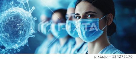 Teamwook professinal doctor and nurse with face mask to prevent disease in hospital. 124275170