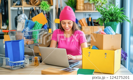 Woman use laptop computer checking customer order online shopping. Woman use laptop computer checking customer order online shopping. 124275201